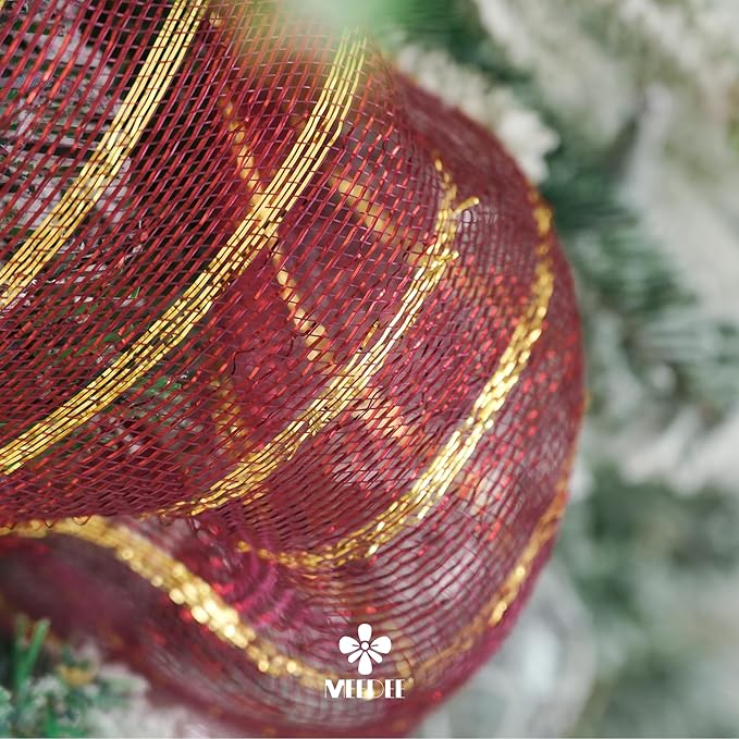 MEEDEE Burgundy and Gold Deco Mesh 10 Inch Metallic Striped Deco Mesh Christmas Mesh Ribbon for Christmas Tree, Wreaths, Garland, Gift Wrapping, Bows Making (30 Feet)