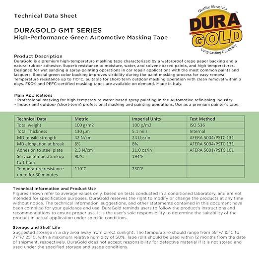 Dura-Gold Green Automotive Masking Tape 1/2 Inch (12mm x 55 Yards), 4 Rolls - Premium High-Performance, Heat Resistant - Auto Refinish Painting, Car Detailing, Autobody, Industrial, Painters Tape