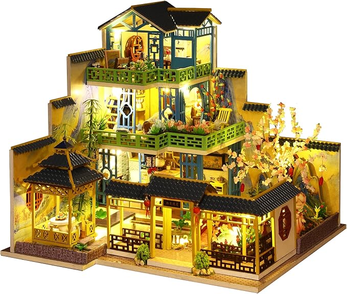 Spilay Dollhouse DIY Miniature Wooden Furniture Kit,Mini Handmade Big Castle Model with Dust Cover & Music Box,with dust Cover 1:24 Scale Creative Doll House for Adult Gift
