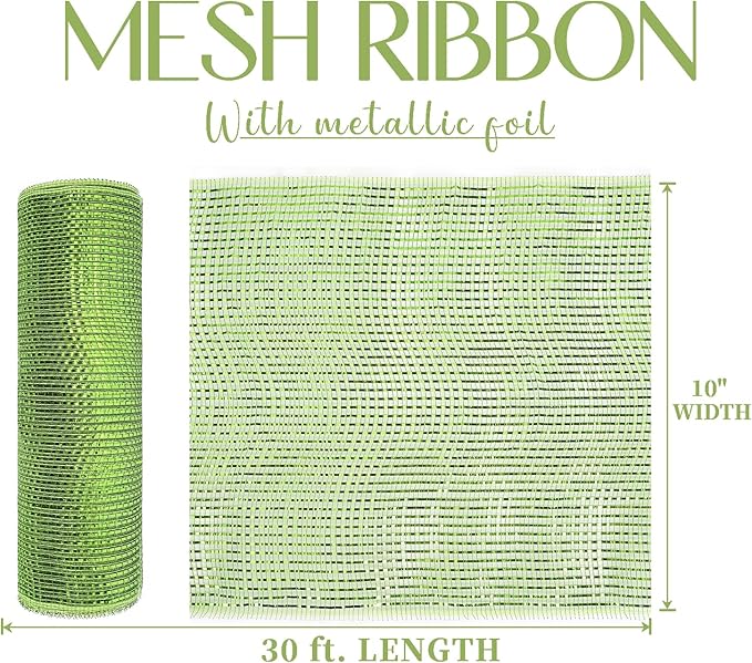MEEDEE Moss Green Deco Mesh 10 Inch Rolls Deluxe Wide Foil Metallic Mesh Fabric Moss Green Mesh Ribbon for Christmas Tree, Wreaths, Garland, Gift Wrapping, Bows Making (30 Feet)