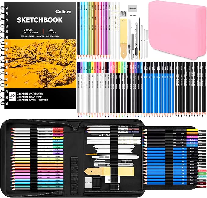 Caliart 176PCS Art Supplies Sketching Kit with 100 Sheets 3-Color Sketch Book, Graphite Colored Charcoal Watercolor & Metallic Pencils, Drawing Supplies Christmas Gifts for Artists Adults Beginners