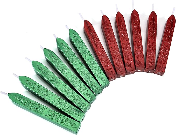 Yoption 12 Pcs Sealing Wax Sticks with Wicks, Antique Metallic Green Red Totem Fire Manuscript Seal Wax for Wax Seal Stamp (Metallic Green+Metallic Red)