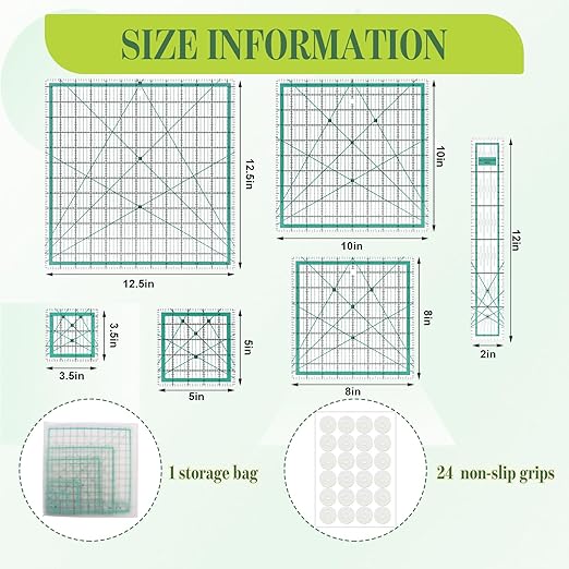 6 Pcs Quilting Rulers and Templates, Quilt Ruler, Acrylic Square Ruler, with Silicone Non-Slip Mat and Storage Bag (3.5"x3.5", 5"x5", 8"x8", 10"x10", 12.5"x12.5", 2"x12")