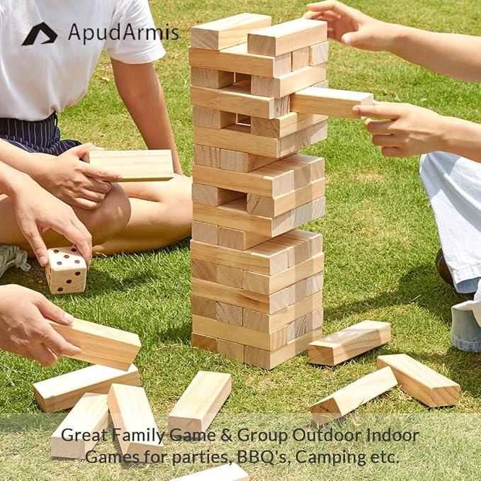 ApudArmis 60 PCS Tumble Tower, (Stack up to 5Ft) Pine Wooden Stacking Timber Game with 1 Dice Set - Classic Block Outdoor Game for Teens Adults Family