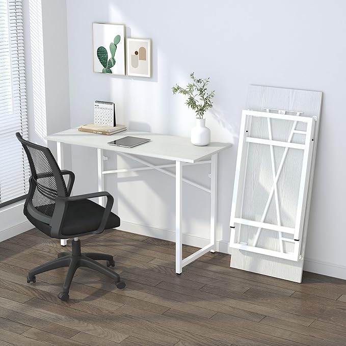 Folding Desk 47 inch No Assembly Required Home Office Table, Writing Gaming Computer Camping Desk, White