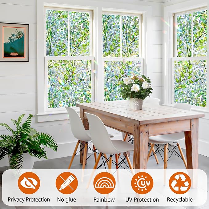 Niviy Window Privacy Film Stained Glass Window Film with Installation Tools, Rainbow Windows Decorative Decals Non-Adhesive Reusable for Home, Bathroom, Glass Door (Leaf Rainbow, 23.6 x 118 in)
