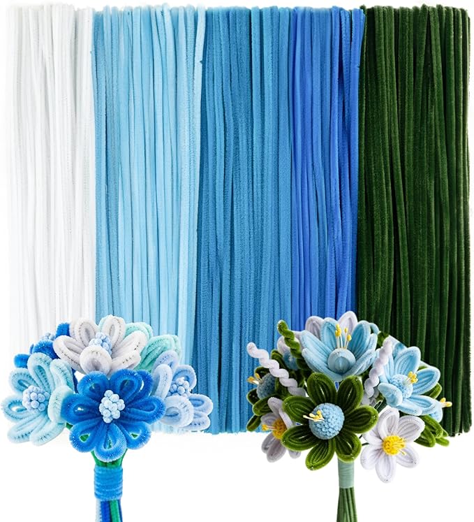 Caydo 500 Pieces Blue Flowers Pipe Cleaners, Chenille Stems, Pipe Cleaner Crafts for DIY Art and Craft Projects Creative Gift Party Decorations