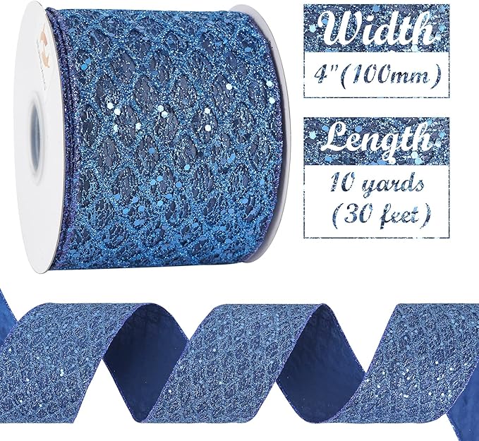 HUIHUANG Navy Blue Wired Christmas Ribbon 4 inch Navy Glitter Wired Ribbon Diamond Mesh Wire Ribbon for X-mas Tree Decorations, Wreaths, Garland, Large Bows Making, Home Decor -10 Yards