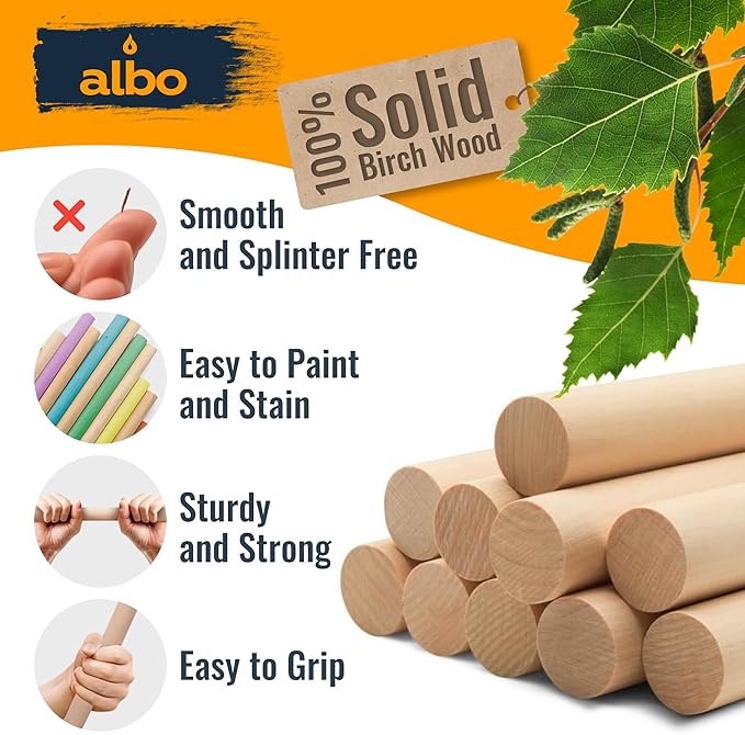 Albo 1" x 36" Wooden Dowel Rods Set - 25 Pack Birch Natural Long Craft Sticks Woodworking Furniture Garden Structures Hardwood Sanded Smooth Railings Supports Decor Crafts DIY Projects