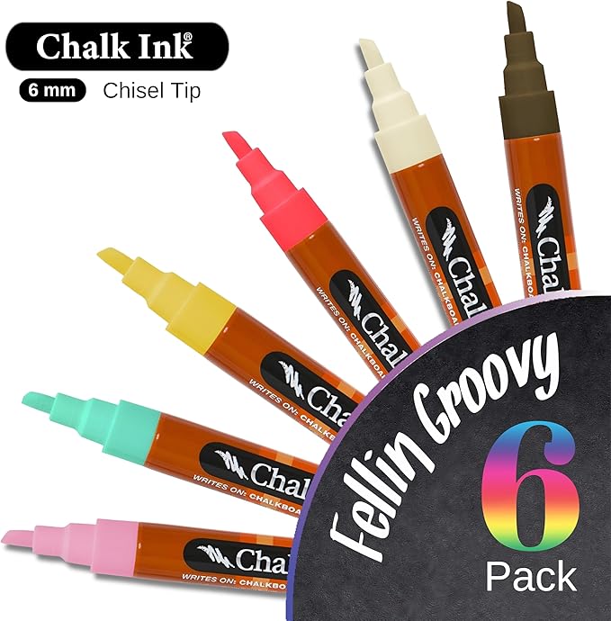 Chalk Ink Chisel Tip Wet Wipe Chalk Markers (Feelin' Groovy, 6mm, 6 Pack)