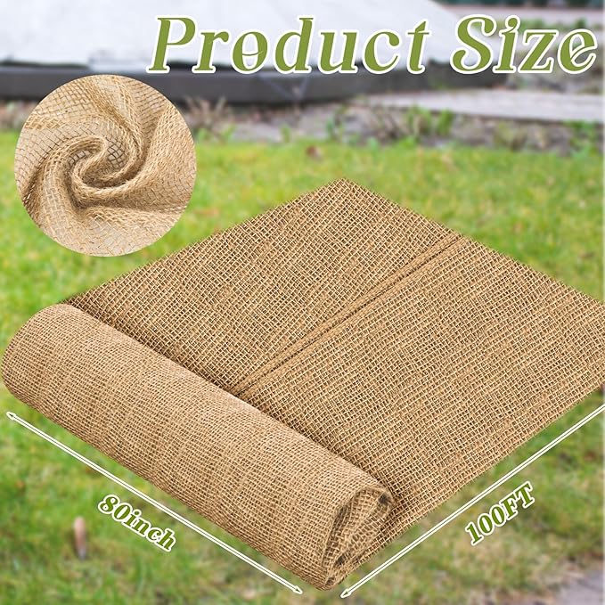 Buryeah Burlap Fabrics Roll Natural Jute Burlap Tree Wraps Protector Winter Frost Plant Blankets Cloth Weed Barrier Fabric Garden Plants for Winter Outdoor Trees Shrubs Party(80 Inch X 100 ft)