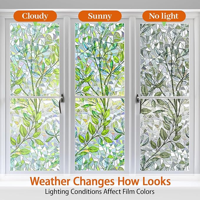 Niviy Window Privacy Film Stained Glass Window Film with Installation Tools, Rainbow Windows Decorative Decals Non-Adhesive Reusable for Home, Bathroom, Glass Door (Leaf Rainbow, 23.6 x 118 in)