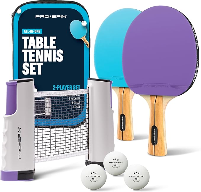PRO SPIN All-in-One Ping Pong Set - Retractable Ping Pong Net for Any Table (72"), Ping Pong Paddles and Balls, Storage Case - Portable Table Tennis Family Games, Gifts for Boys & Girls