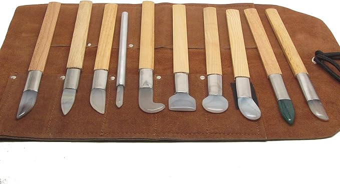 UJ Ramelson Agate Bezel Burnisher for Stone Setting, Jewelry Making, Metal Clay Burnishing and Polishing, Gold and Silver Leaf, Bookbinding Tools, Set of 10, Includes Leather Tool Roll