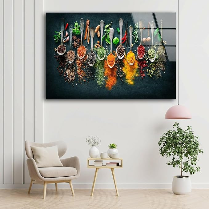 My Photostation.com 28Wx18H'' Spoon Spices Glass Wall ArtTempered Glass Printing Wall Decor Large Wall Art Wall Hangings