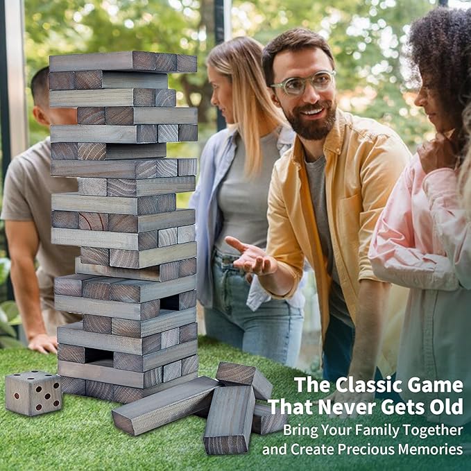ApudArmis 54 PCS Tumble Timber Set Up to 3.2FT, Pine Wooden Tumble Tower Game with Dice and Scoreboard Set - Classic Block Stacking Board Game for Adults Teenagers (Gray)