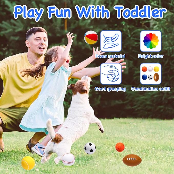 Mini Sports Balls Set of 6 Foam Ball for Kids 2.8 inch Soft Balls for Toddlers with Bag Includes Soccer, Basketball, Football, Baseball ,Tennis and Beach ball- Throwing Toys for Baby Boy and Girl