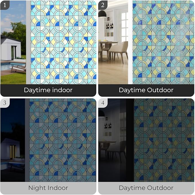 Window Privacy Film, Frosted Glass Decorative Static Cling, Removable Sun Blocking Vinyl Covering, Window Film for Home Kitchen Living Room Bathroom, Geometric Rings, 17.5" x 78.7 "