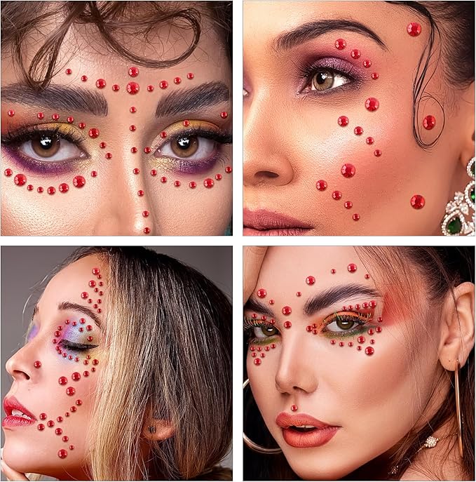 Self Adhesive Face Gems and Pearls for Makeup, Festival Jewels, Hair Gems Pearls, 3/4/5/6/8 mm Round Rhinestone Stickers for Face, Eye, Makeup, Body, Crafts 591Pcs (15_red)