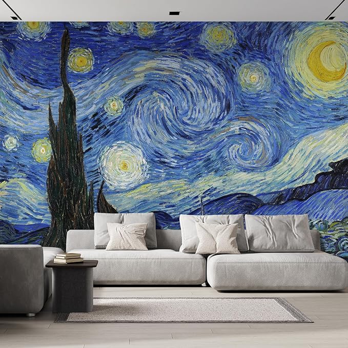 wall26 Wall Sticker/Wall Mural Starry Night by Vincent Van Gogh Dutch Impressionism, Not Peel and Stick, Non-Woven Wallpaper Decorative for Bedroom, Living Room, Office - 100x144 inches