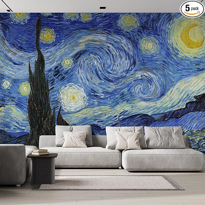 wall26 Starry Night by Vincent Van Gogh Dutch Impressionism 20th Century Artist Peel and Stick Large Wall Mural, Removable Wallpaper, Home Decor - 120x120 inches