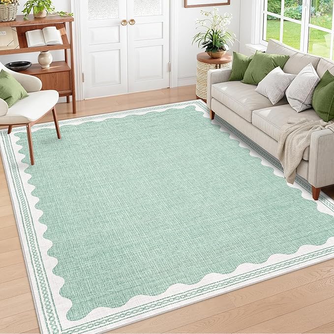 Scalloped Washable Rug 8x10 Area Rugs for Living Room, Solid Green Rug for Bedroom Girls, Non Slip Throw Carpet with Rubber Back, Soft Dorm Nursery Scalloped 8x10 Rugs for Dining Room