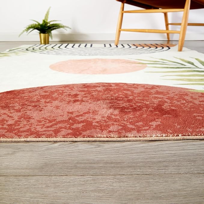 RoomTalks Mid Century Modern Washable Rug, Boho Cute Aesthetic 8x10 Area Rugs Large Carpet for Bedroom Dining Living Room Entryway Office, Contemporary Abstract Leaves Thin Pile Accent Indoor Rug