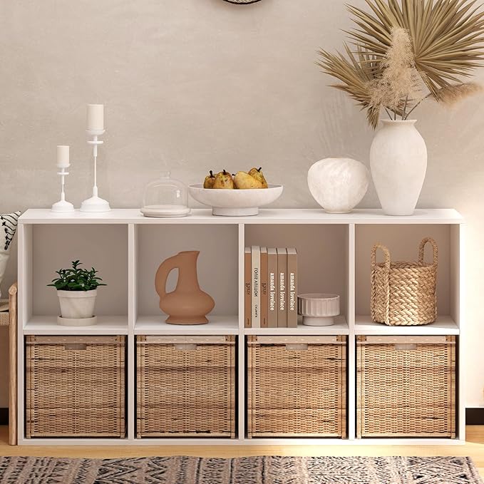 Wooden 8 Cube Storage Organizer with Closed Back Panel,White Shelf Heavy Duty Cubby Storage Organizer with Compartments for Living,Display Shelf,Bookshelf (White, 8-Cube)
