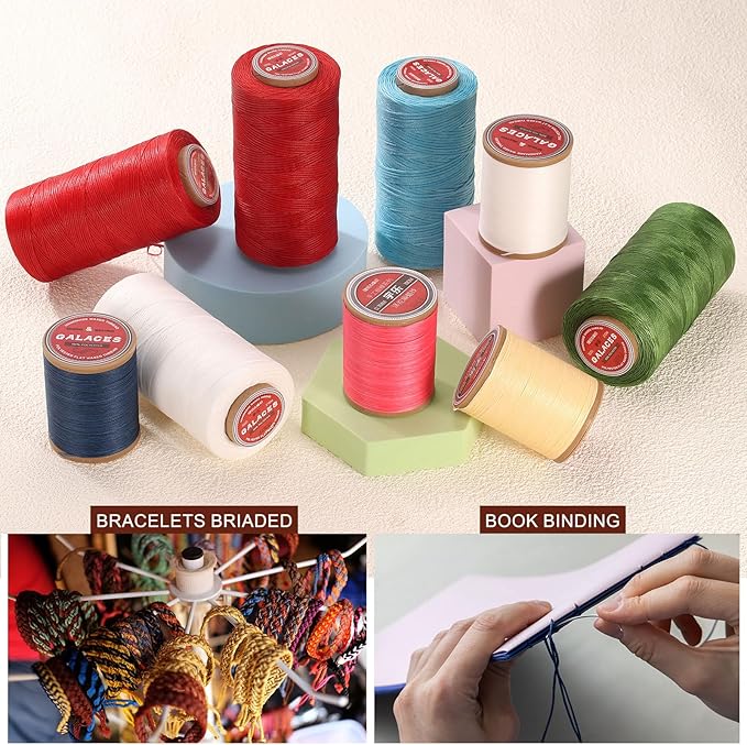uxcell Flat Leather Sewing Waxed Thread, 270m / 295 Yards Polyester Wax String, 150D Wax Stitching Cord for Leather Crafts, Bookbinding, Bracelets Braided, Reddish Purple