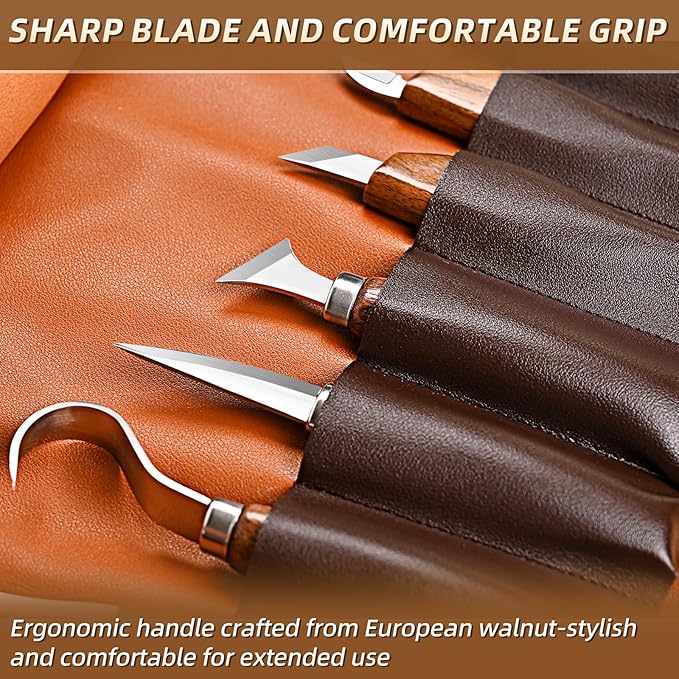 Deluxe Wood Carving Kit - 21Pcs Wood Carving Tools with Leather Storage Bag,Wood Carving Tools Set with 8Pcs Whittling Knives, 8Pcs Detail Carving Knives,Wood Whittling Kit for Beginners