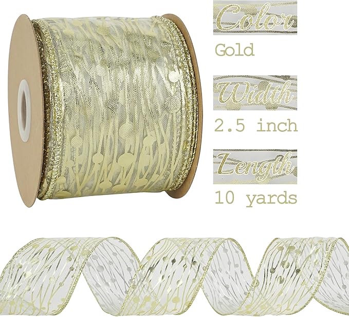 MEEDEE Gold Wired Ribbon - 2.5 Inch Sheer Organza With Horizontal Stripes and Polka Dots - 25 Yards for Gift Wrapping, Garland
