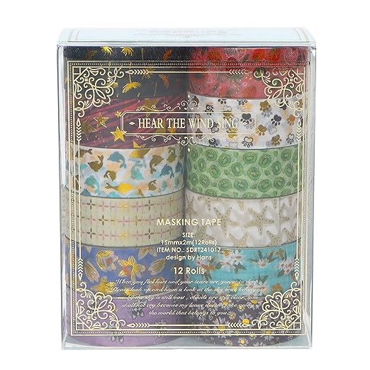 12 Rolls Charming Washi Tape Set Gold Silver Foil Detailing Arts Adhesive Tapes Basic Patterns Decorative Masking Tape Sets for Craft, Kids, Scrapbook, DIY, Gift Wrapping (Mystical Forest)