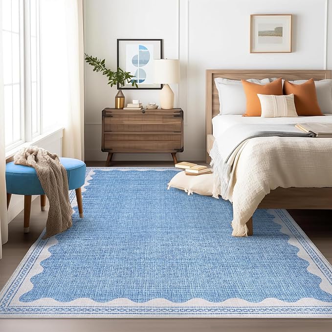 Scalloped 3x5 Rugs for Entryway, Small Area Rug Solid Blue Rug for Bedroom Girls, 3x5 Washable Rugs for Living Room, Non Slip Scalloped Bath Mat, Soft Dorm Nursery Carpet for Bedside