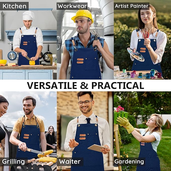 Canvas Aprons, Kitchen Chef Aprons, Work Aprons for Men Women, Adjustable Strap Aprons with 3 Pockets