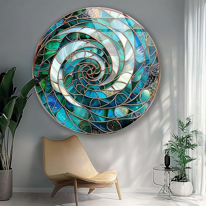 My Photostation.com 10''(25cm) Diameter Aqua Spiral Harmony Round Glass Wall Art Tempered Glass Printing Wall Decor Large Wall Art Wall Hangings