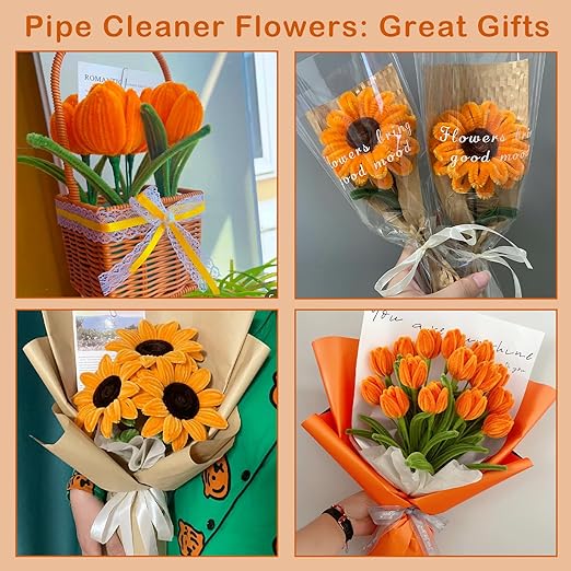 600Pcs Pipe Cleaners Craft,Multiple Assorted Colors Pipe Cleaners Bulk, Chenille Stems for DIY Flower Making Kit with Floral Wires, Gardening Tape,Stamen& Ribbon (Yellow)
