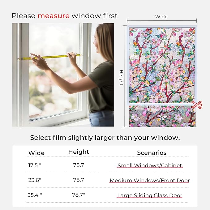 Window Privacy Film Rainbow Film Stained Glass 3D Static Cling Decorative Window Sticker for Bathroom,Front Door,Home Heat Control UV Blocking Non Adhesive,Peach Blossom 17.5 x 78.7 inches
