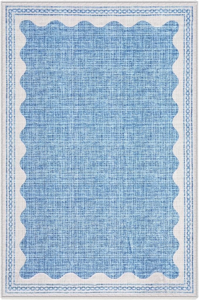 Scalloped Rug 2x3 Rugs for Entryway, Solid Blue Rugs Small Area Rug Non Slip Scalloped Bath Mat, Washable Front Door Mat Indoor Entrance,Soft Girls Nursery Dorm Carpet for Bedroom Kitchen