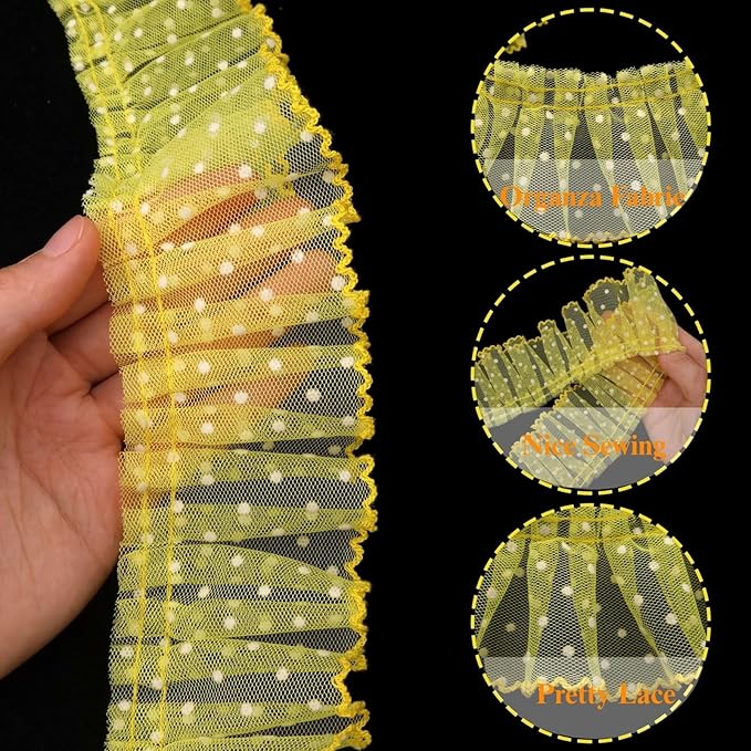 Dots Lace Ruffle Trim for Sew, Crafts 2.4" x5yd Single Layer Pleated Edge Lace Ribbon (Yellow)