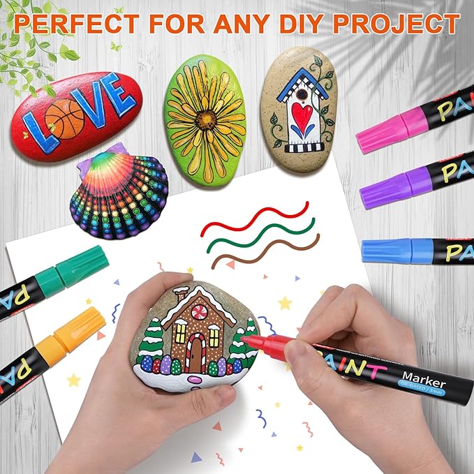 IVSUN Paint Pens Paint Markers, 20 Colors Oil-Based Waterproof Marker Pen Set, Never Fade Quick Dry and Permanent, Works on Rocks Painting, Wood, Fabric, Plastic, Canvas, Glass, Mugs