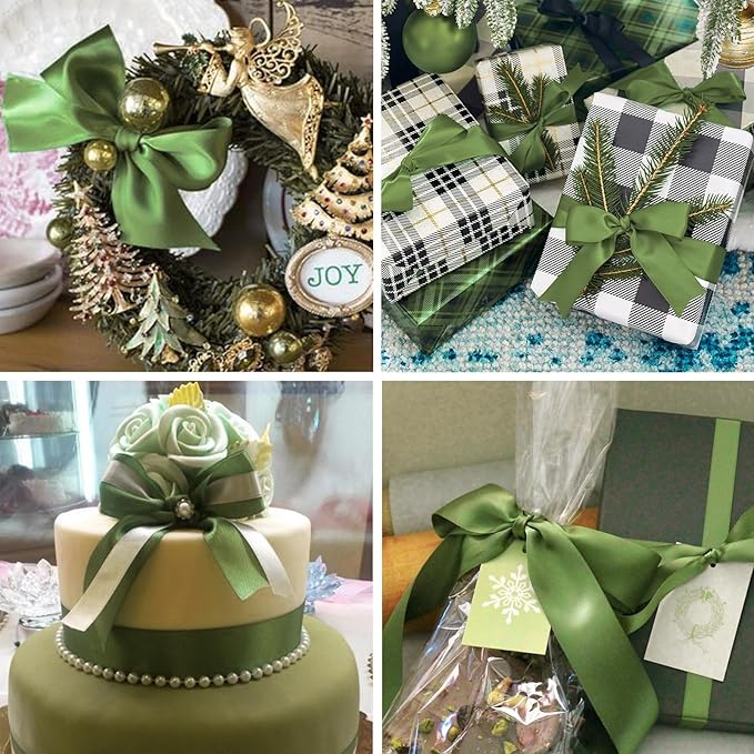 5/8" x 100 Yards Olive Green Polyester Satin Ribbon Single Faced Bulk Fabric Ribbons for Gift Wrapping, Crafting, Bows Making, Sewing, Wedding, Home Decor