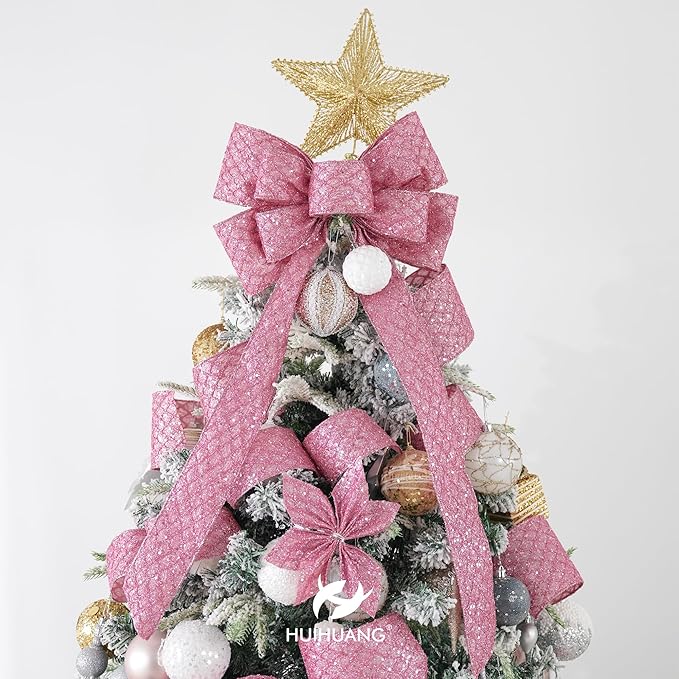 HUIHUANG Pink Wired Christmas Ribbon 4 inch Light Pink Glitter Wired Ribbon Diamond Mesh Wire Ribbon for X-mas Tree Decorations, Wreaths, Garland, Large Bows Making, Home Decor -10 Yards