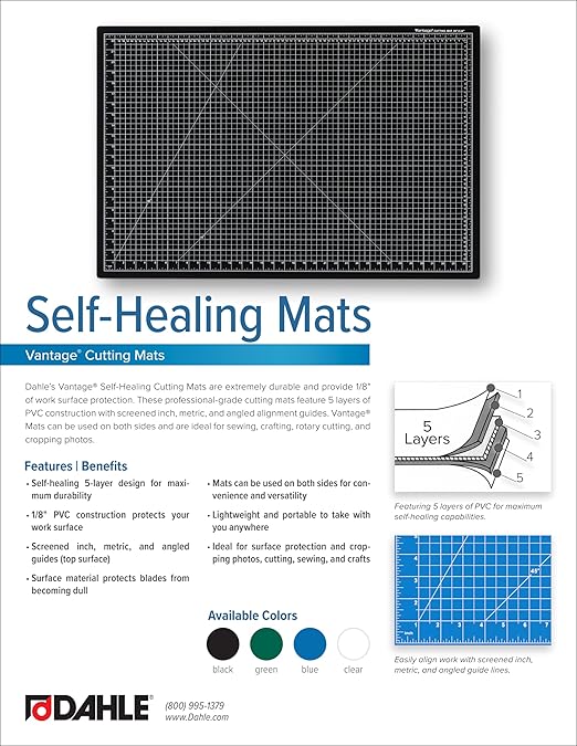 Dahle Vantage 10473 Premium Self-Healing Cutting Mat, 24"x36", 1/2" Grid, 5 Layers for Max Healing, Perfect for Crafts & Sewing, Green