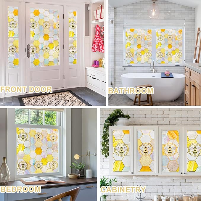 3D Stained Glass Window Privacy Film, Heat Control UV Blocking Static Cling Decorative Window Film for Bathroom,Front Door,Home Non Adhesive,16.9 x 78.7 inches Honey