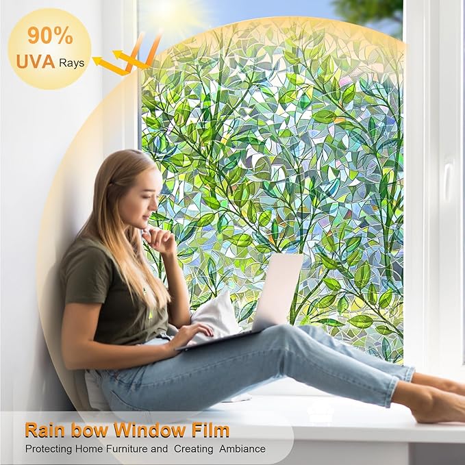 Window Privacy Film Stain Glass Window Film Rainbow Window Film Window clings Non-Adhesive Reusable Decorative for Room (Leaf Rainbow, 17.5 x 157.4 in)