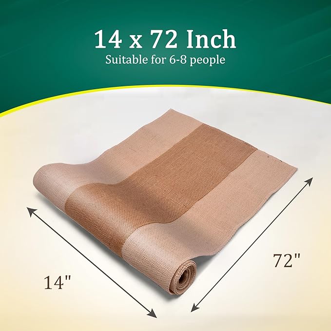 Burlap Table Runners (Pack of 6) – 14”x 72” - No-Fray Finished Edge Natural Table Runner – No Odor Farmhouse Style Natural Stripe on White Burlap Runner - Perfect for Christmas, Wedding, Thanksgiving