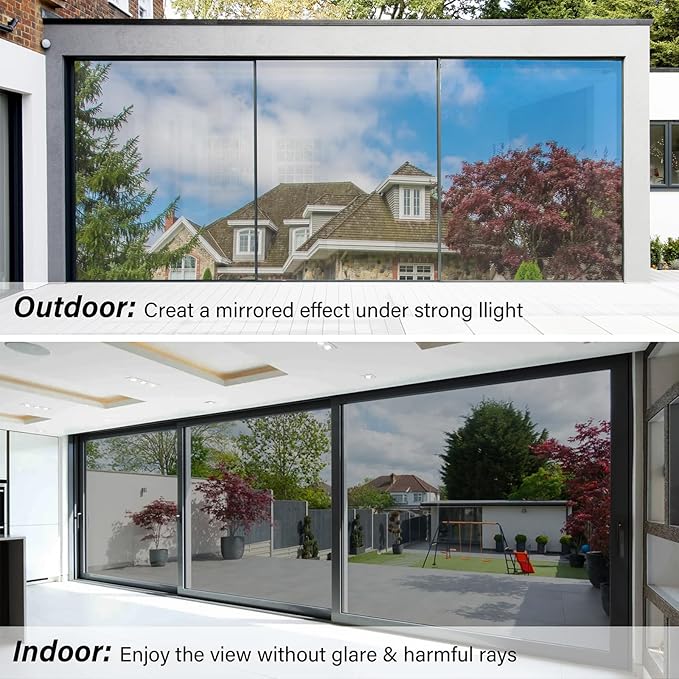 Kromapolis One Way Window Privacy Film Reflective Mirror Home Window Tint, Daytime Privacy Heat Control Anti UV Glass Tinting Static Cling (Silver, 35.4 x 314.9 inch)
