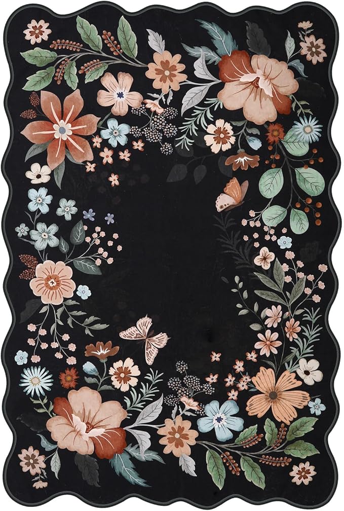 Beeiva 6x9 Rug for Living Room - Scalloped Floral Printed Bedroom Rug Machine Washable Area Rug Soft Area Rug Boho Ultra-Thin Stain Resistant Aesthetic Carpet for Playroom Dorm Office(Black,6x9ft)