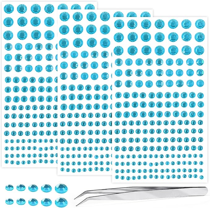 Self Adhesive Face Gems and Pearls for Makeup, Festival Jewels, Hair Gems Pearls, 3/4/5/6/8 mm Round Rhinestone Stickers for Face, Eye, Makeup, Body, Crafts 591Pcs (19_Aqua Blue)