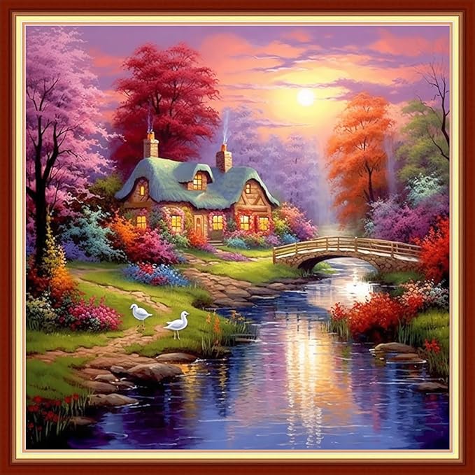 Joyhoor Stamped Cross Stitch Kits for Beginners, Needlepoint Kits for Adults, 11CT Counted Embroidery Kits-Dream Home 18x18 inchs